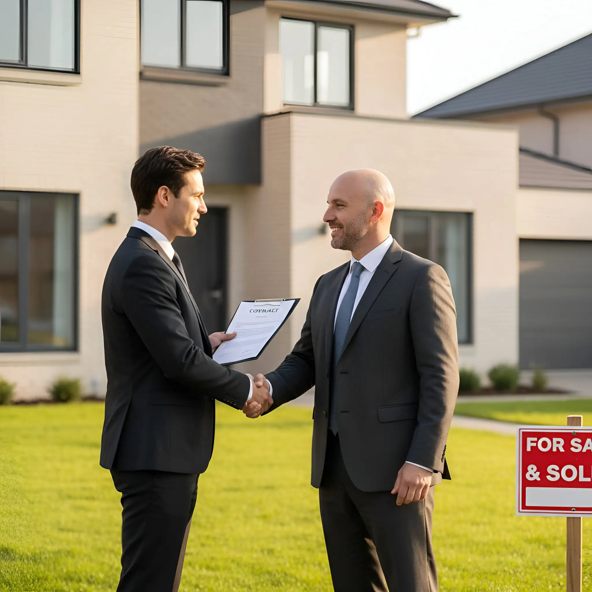 Two men in suits shaking hands in front of a house with a For Sale sign