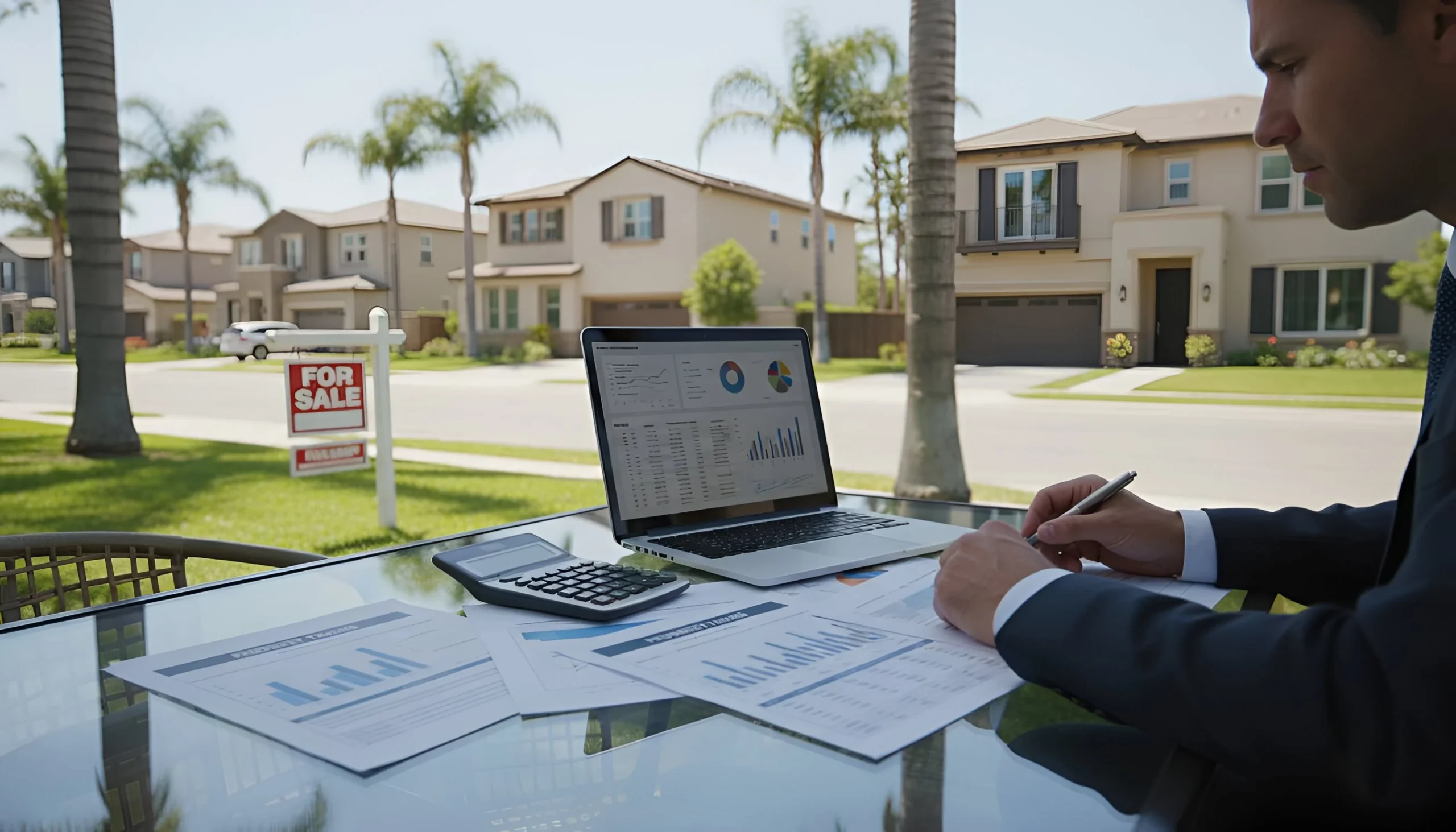 Real estate agent at outdoor table working on laptop and documents, houses with "For Sale" sign in background