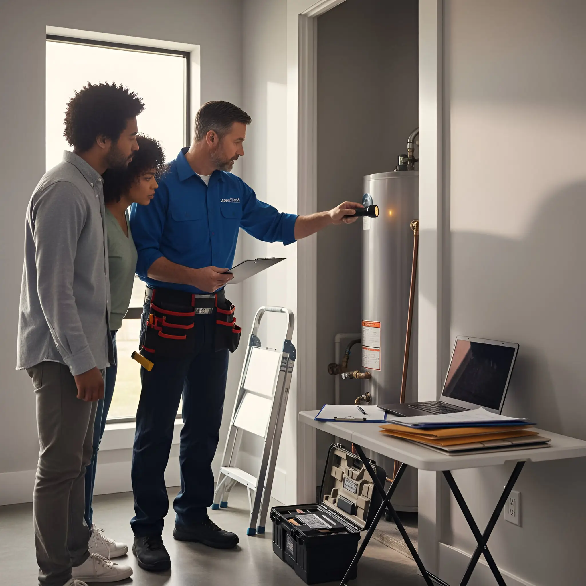 A technician checking a water heater while two homeowners watch in a bright home.