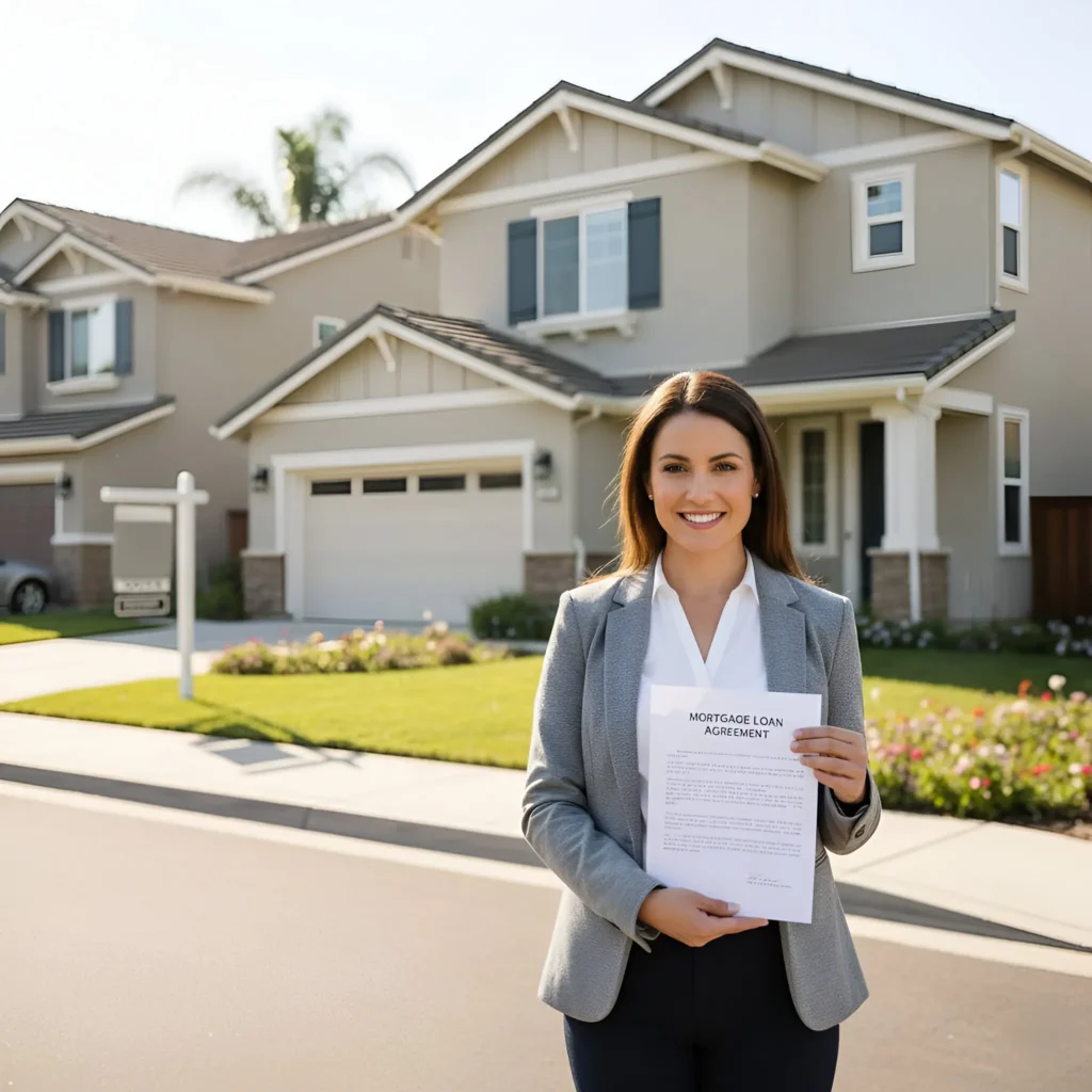 Real estate agent holding mortgage paper in front of houses.