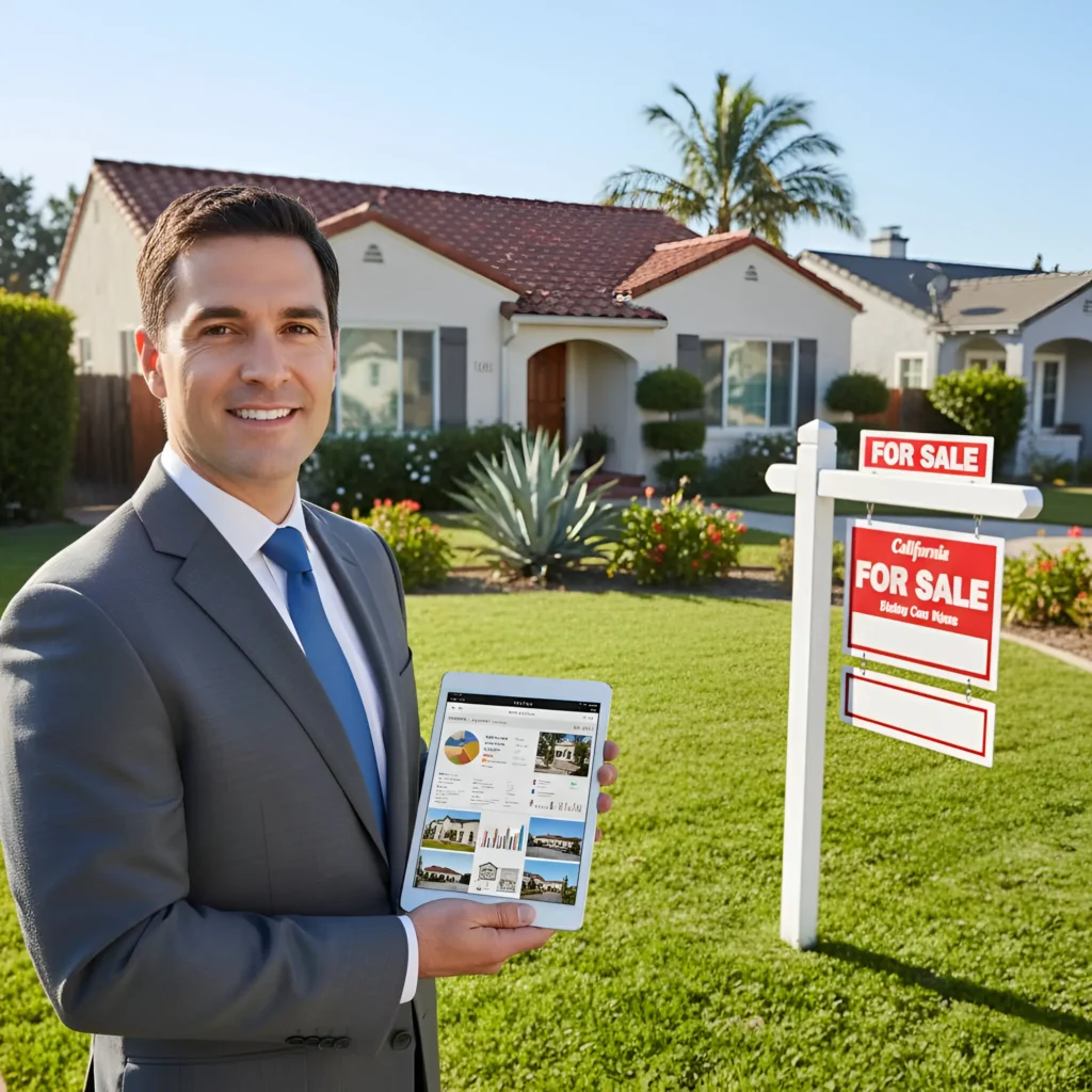 A real estate agent holding a tablet standing by a house with a For Sale sign in the yard.