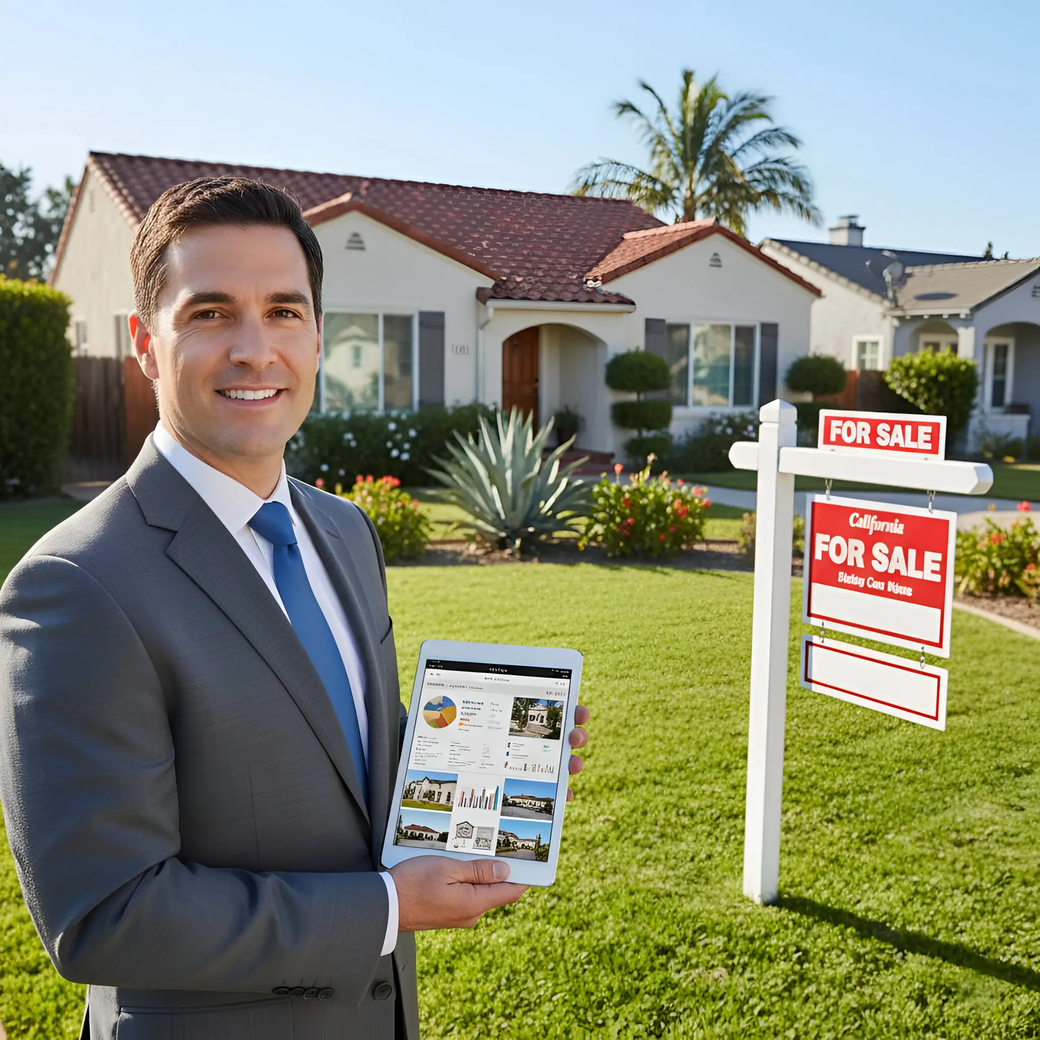 A real estate agent holding a tablet standing by a house with a For Sale sign in the yard.